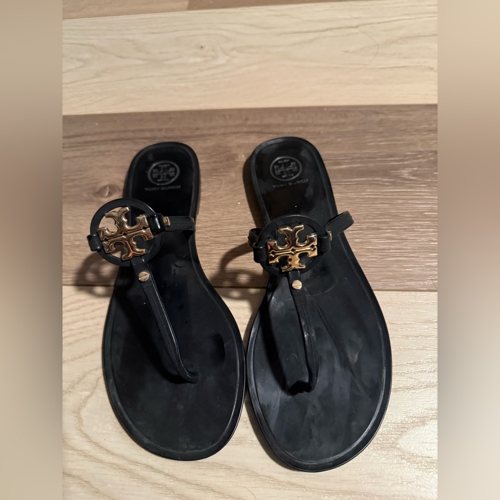 Tory Burch Black Sandals with Gold Emblem